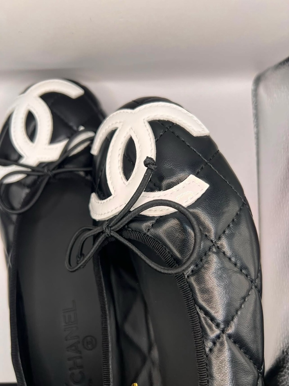 Black Quilted Leather Ballet Flats with White CC Logo - Picture 6 of 7